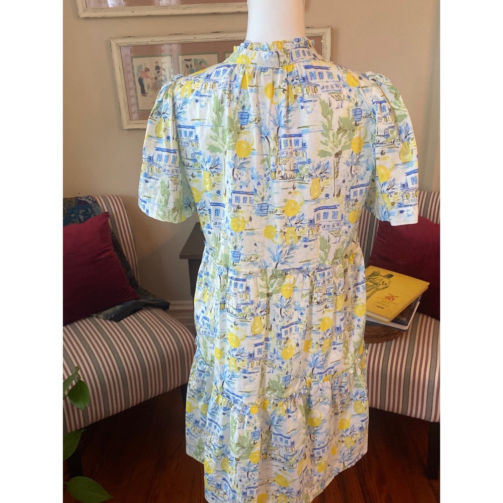 Avara Mediterranean Lemon Print Tiered Mini Dress Blue Yellow Sz s boho Cottage - Picture 8 of 10
